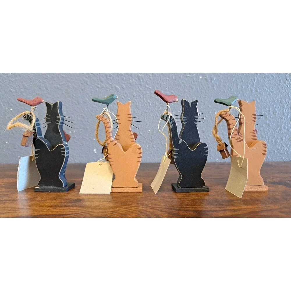 Vtg NOS Lot Of 4 Wooden Cat Figurine Knick Knacks‎ With Bird Handmade (A7)